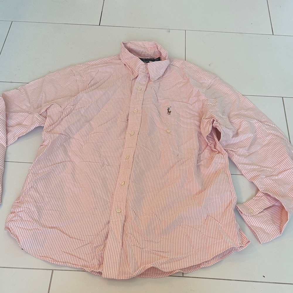 Ralph Lauren Men's Pink and White Striped Shirt XL Custom fit